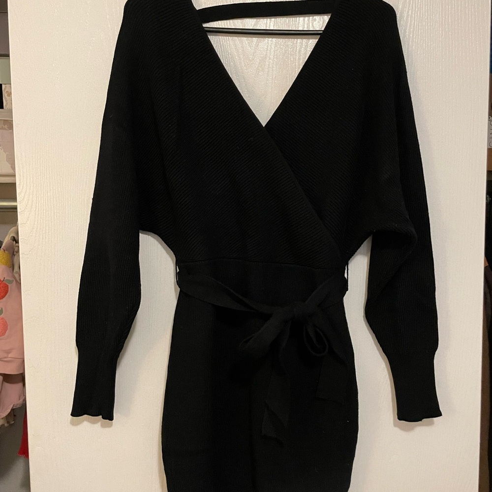 Black Wrap Knit Long-Sleeve Dress with Tie Waist